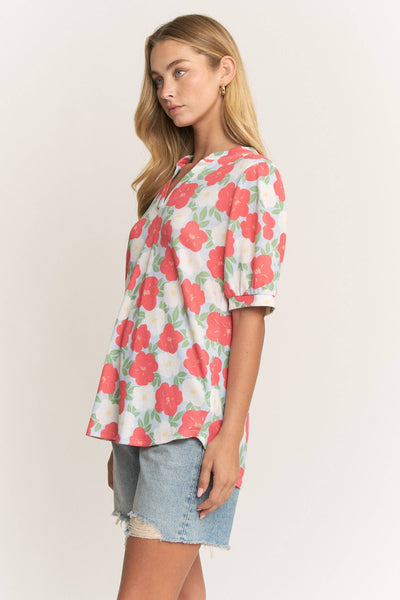Floral Puff Sleeve Split Neck Top