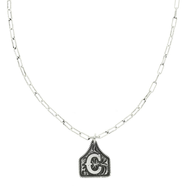 Western Letter Initial Etched Cattle Tag Pendant Necklace