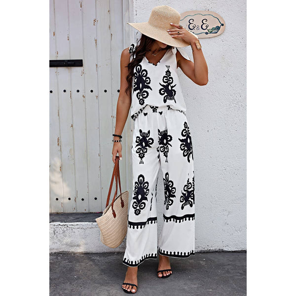 Geometric Print Knot Shoulder Pant Set
