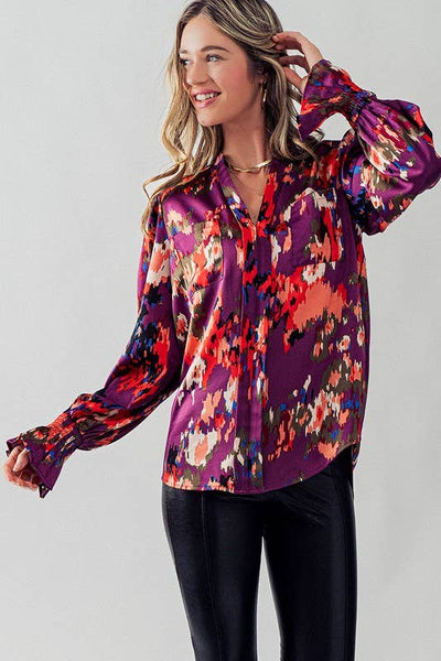 V Neck Jacquard Long Sleeve Satin Top