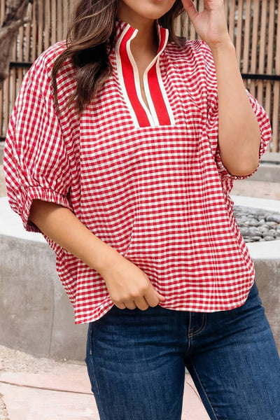 Gingham Short Sleeve Color block Trim Split Neck Top in Red