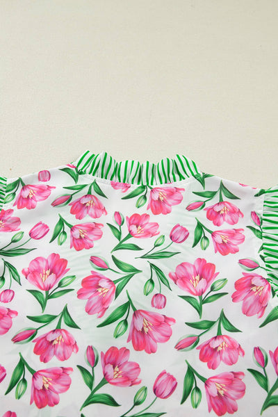 Floral Print Striped Ruffle Trim V Neck Blouse
