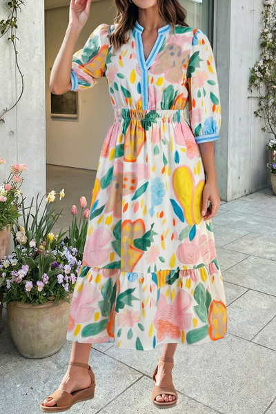 Floral Doodle Print Striped Trim V Neck Midi Dress