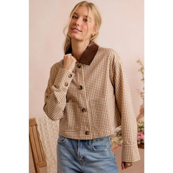 Cropped Gingham Jacket with Corduroy Collar