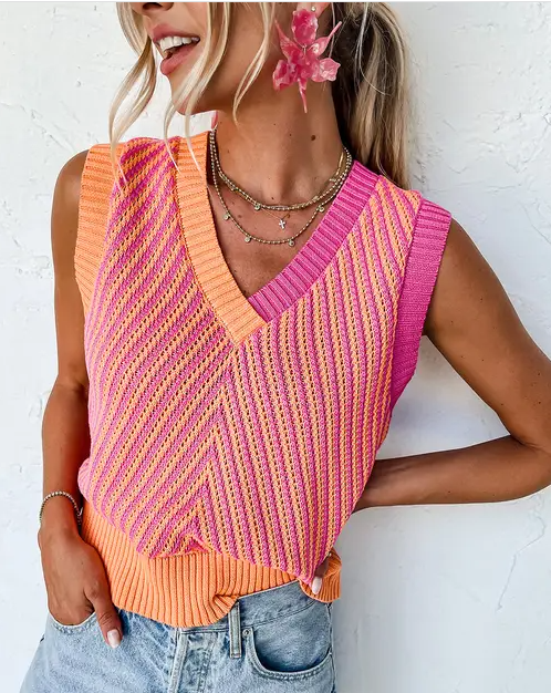 Contrast Chevron Knit V Neck Sweater Vest