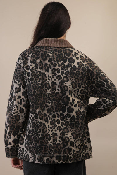 Leopard Printed Washed Twill Cotton Jacket