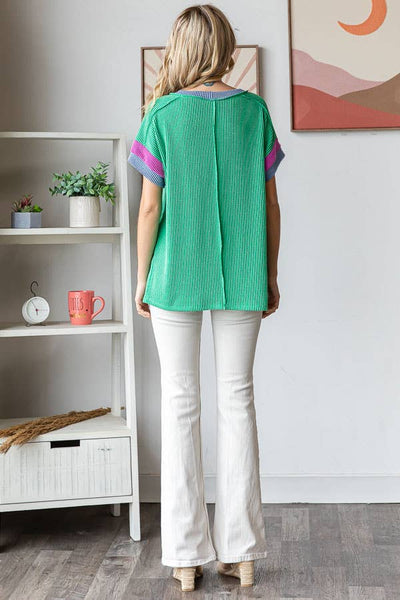 Ribbed Color Block Top in Kelly Green