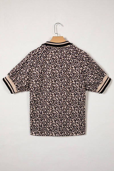 Leopard Half Zip Stripe Mock Neck Top