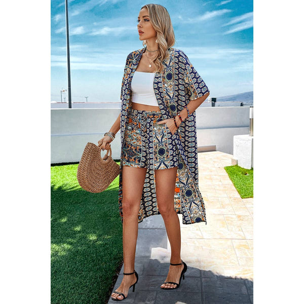 Allover Print Drop Shoulder Kimono And Shorts