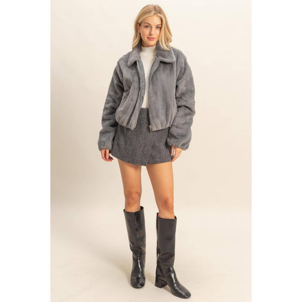 Faux Fur Zip Up Jacket With Plush Collar