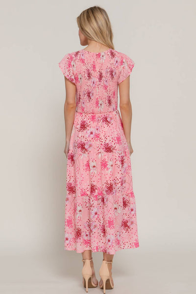 Ruffle Sleeve Smocked Detail Floral Printed Tired Dress