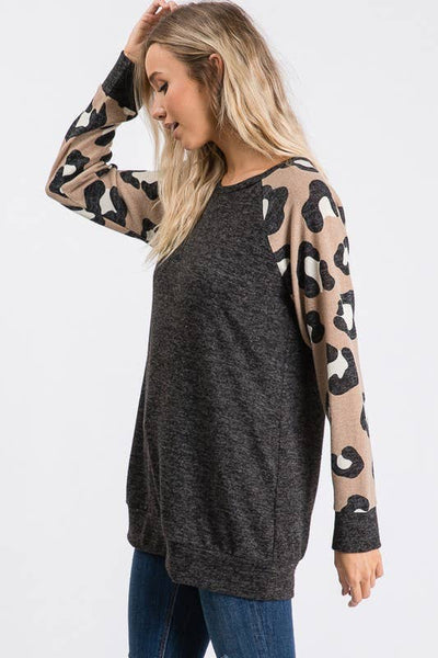 Leopard Raglan Sleeve Top in Charcoal