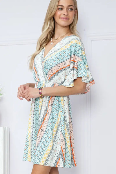 Geometric Wrap Dress with Flutter Sleeve in Teal