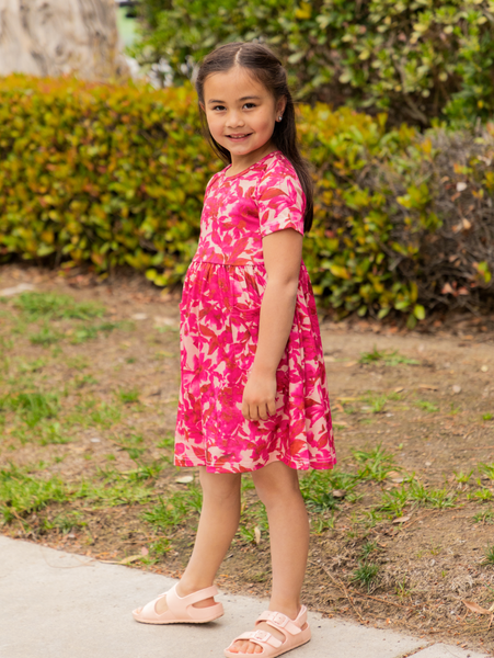 Spring Pattern Little Girls Pocket Dress in Dark Pink Floral