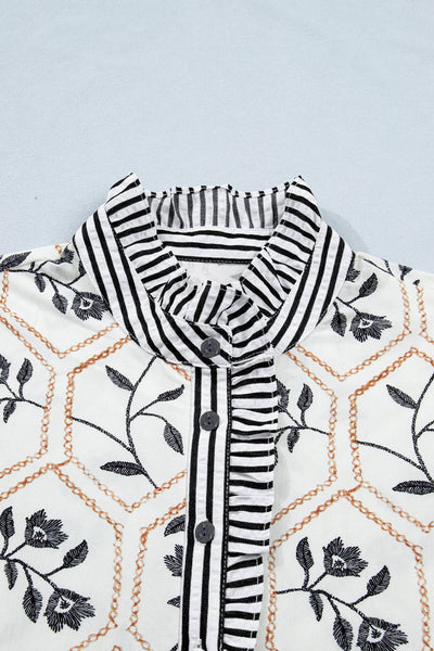 Floral Print Striped Button Neck Short Sleeve Blouse