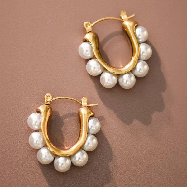 18K Gold Plated Waterproof Stainless Steel Pearl Hoop Earrings