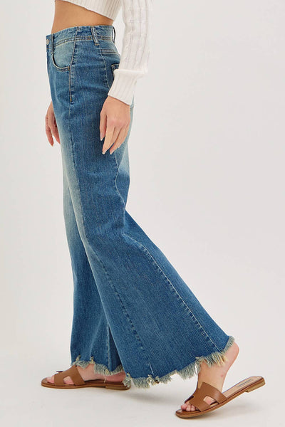 Mid Rise Wide Leg Frayed Hem Denim