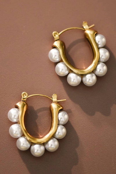 18K Gold Plated Waterproof Stainless Steel Pearl Hoop Earrings