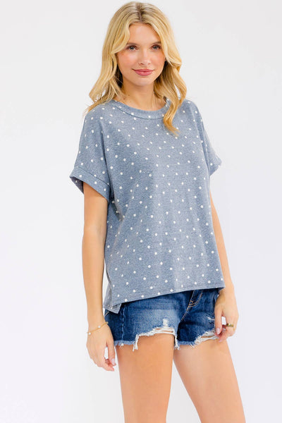 Polka Dot Banded Short Sleeve Top in Navy/White