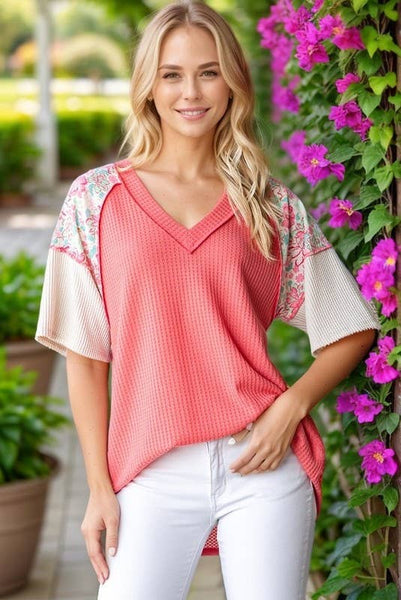 Waffle V Neck Floral Sleeve Top in Coral