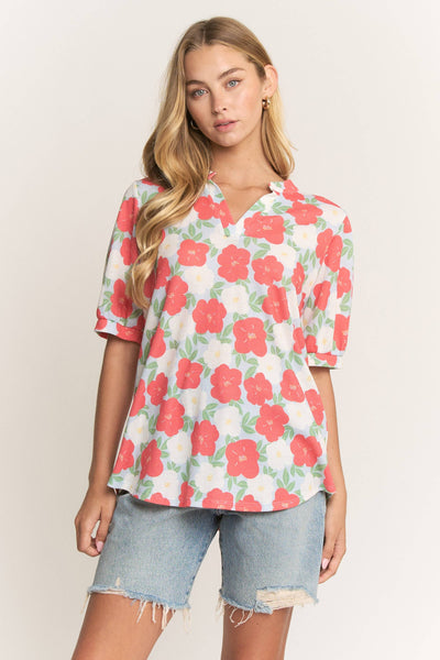 Floral Puff Sleeve Split Neck Top