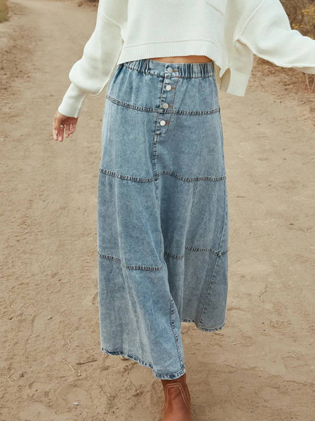 Layered Patchwork Denim Maxi Skirt