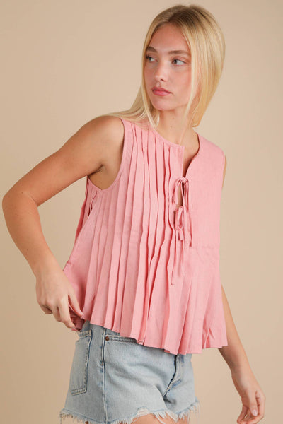 Pleated Woven Blouse Top with Front Tie
