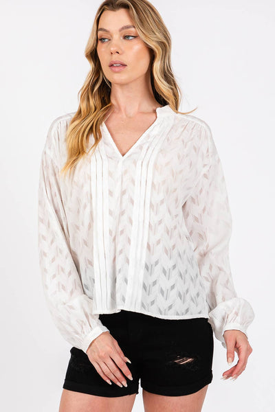 Jacquard V Neck Textured Top in White