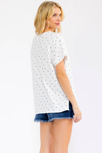 Polka Dot Banded Short Sleeve Top in White/Navy