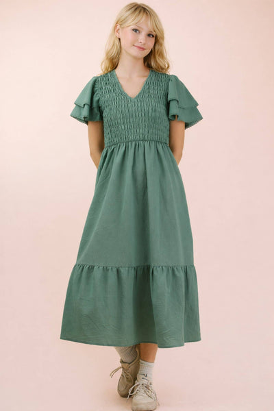 Smocked Ruffle Sleeve Midi Dress in Sage