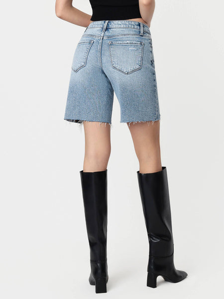Mid Rise Light Wash Distressed Long Short by Flying Monkey