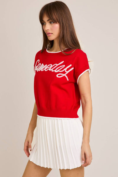 Gameday Glitter Short Sleeve Sweater in Red