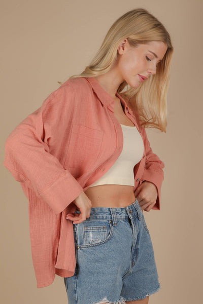 Dolman Sleeve Button Down Gauze Shirt in Blush