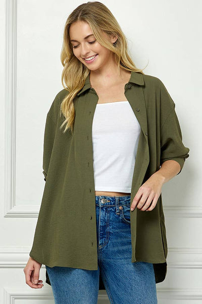 Oversized Boyfriend Button Up Shirt in Olive