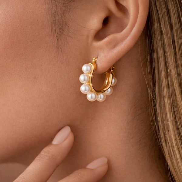 18K Gold Plated Waterproof Stainless Steel Pearl Hoop Earrings