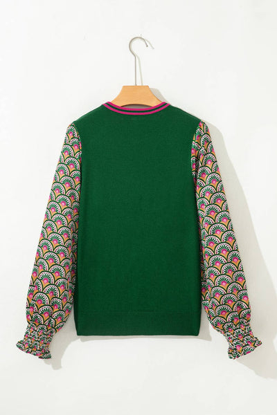 Floral Patchwork Shirred Cuff Puff Sleeve Sweater