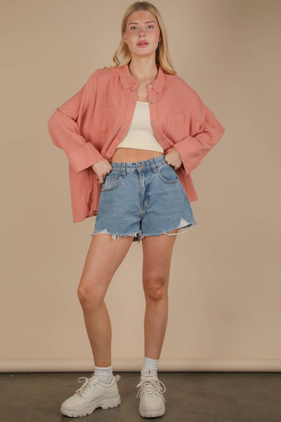 Dolman Sleeve Button Down Gauze Shirt in Blush