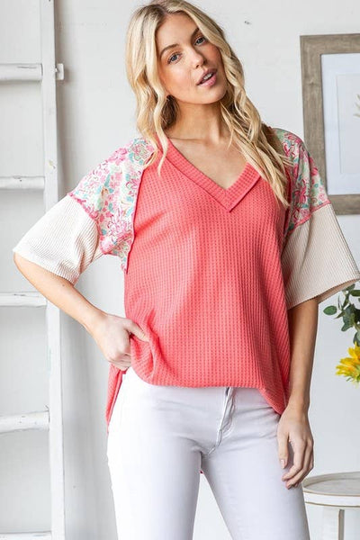 Waffle V Neck Floral Sleeve Top in Coral