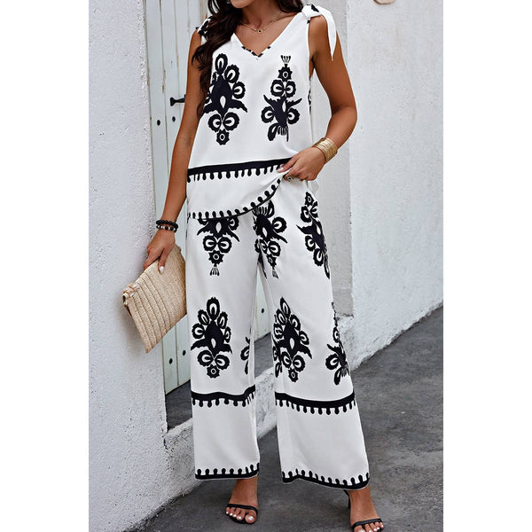 Geometric Print Knot Shoulder Pant Set
