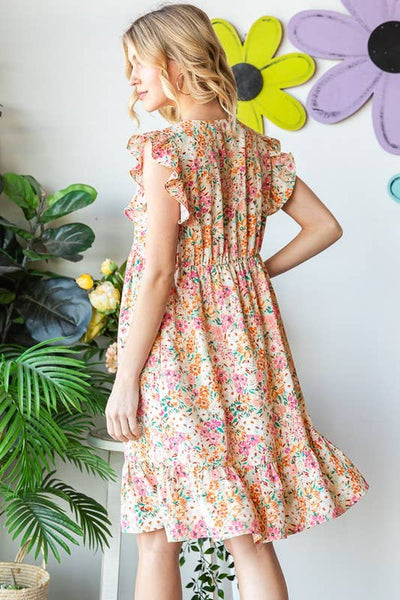 V Neck Floral Dress with Ruffle Sleeve and Pockets