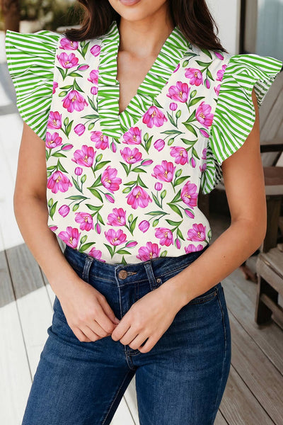 Floral Print Striped Ruffle Trim V Neck Blouse