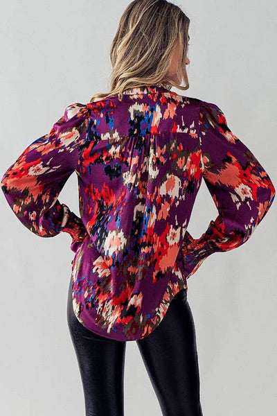 V Neck Jacquard Long Sleeve Satin Top