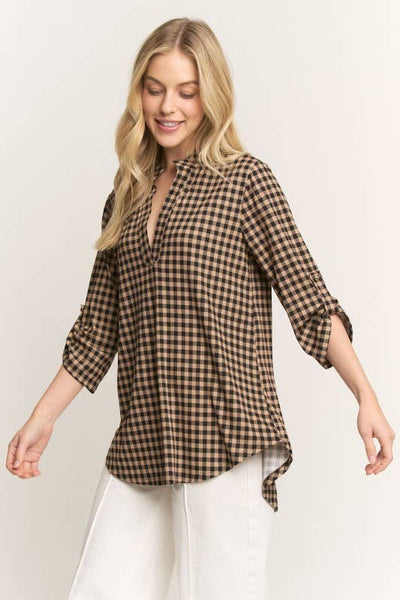 Gingham Checked Three Quarter Sleeve Top