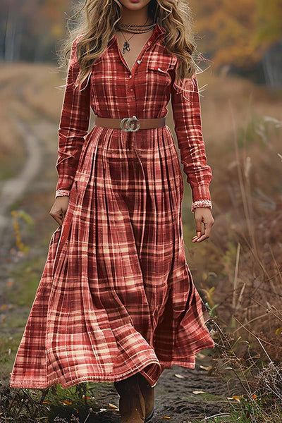 Vintage Plaid V Neck Dress in Red