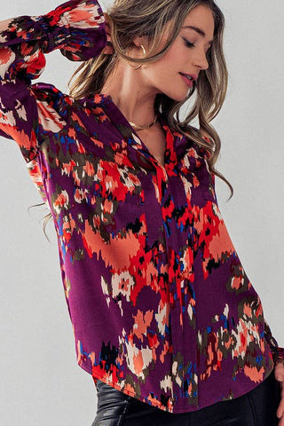 V Neck Jacquard Long Sleeve Satin Top