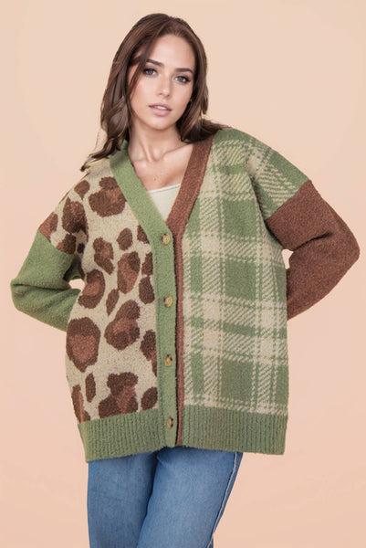 Leopard & Plaid Graphic Knit Sweater Cardigan