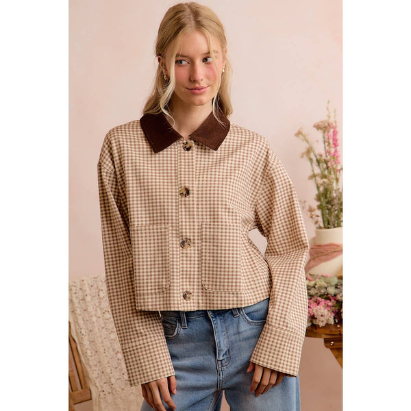 Cropped Gingham Jacket with Corduroy Collar