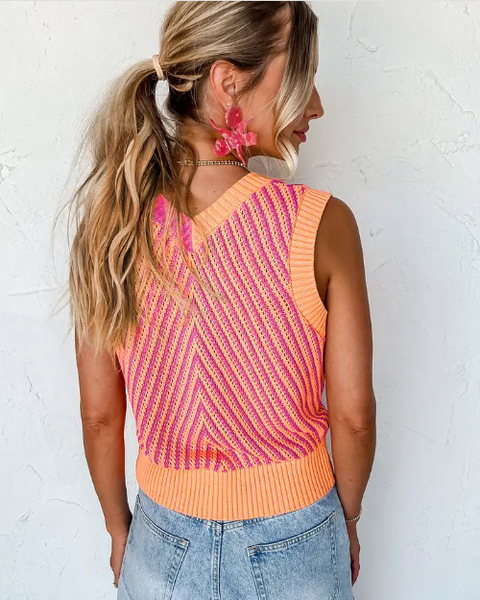 Contrast Chevron Knit V Neck Sweater Vest