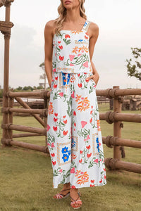 Floral Square Neck Tank and Wide Leg Pants Set