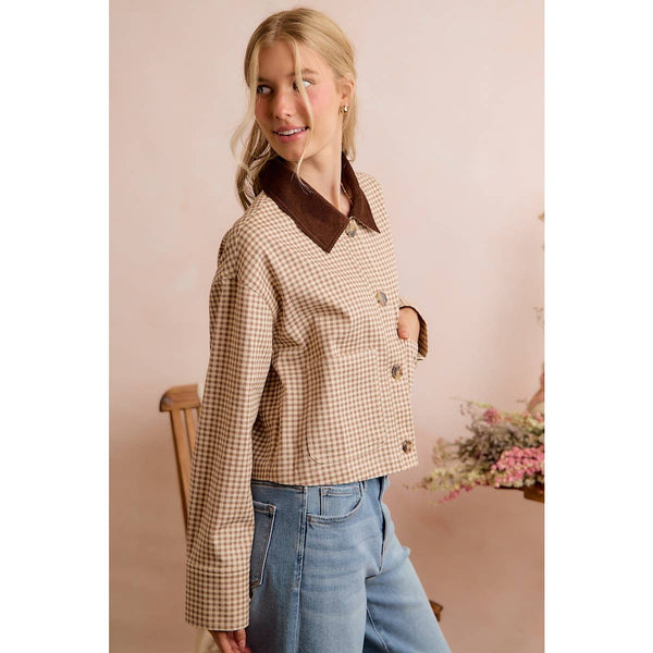 Cropped Gingham Jacket with Corduroy Collar